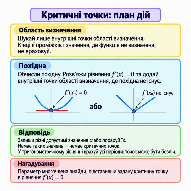 План пошуку критичних точок: визнач область визначення та шукай лише її внутрішні точки, де похідна дорівнює нулю або не існує. Кінці проміжків області та значення поза нею не враховують. На двох незалежних ескізах показано гладку точку з горизонтальною дотичною та кутову точку. Різні допустимі значення аргументу записують або рахують; їх може не бути або може бути безліч. У тригонометричному рівнянні враховують усі періоди. Для пошуку параметра многочлена задану критичну точку підставляють у рівняння нульової похідної. Критичні точки: план дій Область визначення: Шукай лише внутрішні точки області визначення. Кінці її проміжків і значення, де функція не визначена, не враховуй. Похідна: Обчисли похідну. Розв’яжи рівняння f′(x) = 0 та додай внутрішні точки області визначення, де похідна не існує. Відповідь: Запиши різні допустимі значення x або порахуй їх. Немає таких значень — немає критичних точок. У тригонометричному рівнянні врахуй усі періоди: точок може бути безліч. Параметр многочлена знайди, підставивши задану критичну точку в рівняння f′(x) = 0. f′(x₀) = 0 або f′(x₀) не існує Нагадування