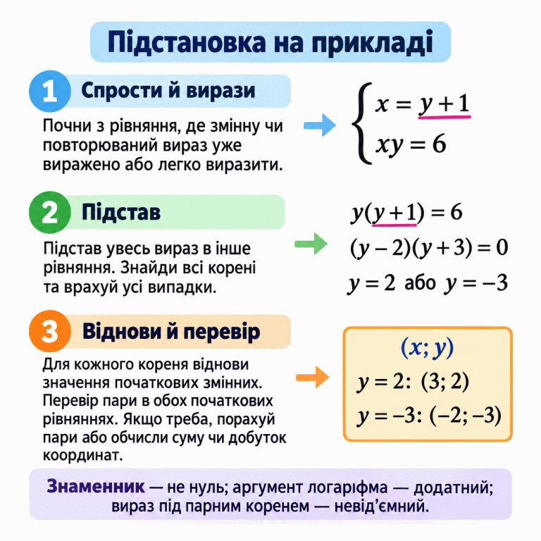 Навчальний приклад методу підстановки. У системі x = y + 1 та xy = 6 замінюємо x цілим виразом і отримуємо y(y + 1) = 6. Розкладання на множники дає корені y = 2 та y = −3. Відновлюємо пари (3; 2) і (−2; −3) у порядку (x; y). Кожну пару перевіряємо в обох початкових рівняннях. Ураховуємо обмеження для знаменників, логарифмів і парних коренів; кількість пар, суму чи добуток координат обчислюємо лише за запитанням. Підстановка на прикладі Спрости й вирази: Почни з рівняння, де змінну чи повторюваний вираз уже виражено або легко виразити. Підстав: Підстав увесь вираз в інше рівняння. Знайди всі корені та врахуй усі випадки. Віднови й перевір: Для кожного кореня віднови значення початкових змінних. Перевір пари в обох початкових рівняннях. Якщо треба, порахуй пари або обчисли суму чи добуток координат. Знаменник — не нуль; аргумент логарифма — додатний; вираз під парним коренем — невід’ємний. x = y + 1 xy = 6 { y(y + 1) = 6 (y − 2)(y + 3) = 0 y = 2 або y = −3 (x; y) y = 2: (3; 2) y = −3: (−2; −3) 1 2 3