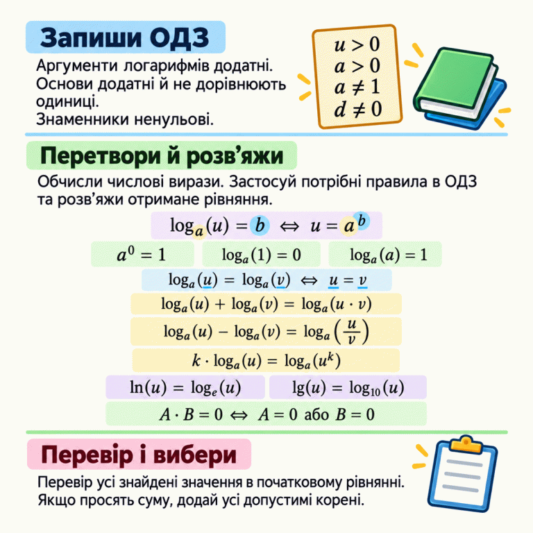 Три етапи розв’язування логарифмічних рівнянь. Спочатку записують ОДЗ: аргументи додатні, основи додатні й не дорівнюють одиниці, знаменники ненульові. Далі використовують означення логарифма, рівність аргументів за однакової основи, властивості суми, різниці та множника перед логарифмом. Наведено тотожності для нульового степеня, логарифма одиниці й основи, позначення натурального та десяткового логарифмів і правило нульового добутку. Наприкінці всі знайдені значення перевіряють у початковому рівнянні; суму всіх допустимих коренів знаходять лише за вимогою завдання. Запиши ОДЗ: Аргументи логарифмів додатні. Основи додатні й не дорівнюють одиниці. Знаменники ненульові. Перетвори й розв’яжи: Обчисли числові вирази. Застосуй потрібні правила в ОДЗ та розв’яжи отримане рівняння. Перевір і вибери: Перевір усі знайдені значення в початковому рівнянні. Якщо просять суму, додай усі допустимі корені. logₐ(u) = b ⇔ u = aᵇ a⁰ = 1 logₐ(1) = 0 logₐ(a) = 1 logₐ(u) = logₐ(v) ⇔ u = v logₐ(u) + logₐ(v) = logₐ(u·v) logₐ(u) − logₐ(v) = logₐ(u/v) k·logₐ(u) = logₐ(uᵏ) ln(u) = logₑ(u) lg(u) = log₁₀(u) A·B = 0 ⇔ A = 0 або B = 0 u > 0 a > 0 a ≠ 1 d ≠ 0