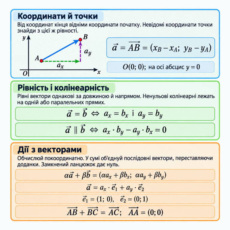 Три розділи про вектори. Єдина схема показує стрілку від A до B та її горизонтальну й вертикальну складові. Координати вектора — координати кінця мінус координати початку; із цієї рівності можна знайти невідому точку. Початок координат має нульові координати, а на осі абсцис друга координата дорівнює нулю. Рівні вектори мають однакові довжину й напрям та рівні відповідні компоненти. Ненульові колінеарні вектори лежать на одній або паралельних прямих; координатний критерій — нульова різниця перехресних добутків компонентів. Дії виконують покоординатно. Наведено розклад у стандартному одиничному базисі. Сума послідовних векторів веде від початку першого до кінця останнього, а замкнений ланцюжок дає нульовий вектор. Координати й точки: Від координат кінця відніми координати початку. Невідомі координати точки знайди з цієї ж рівності. Рівність і колінеарність: Рівні вектори однакові за довжиною й напрямом. Ненульові колінеарні лежать на одній або паралельних прямих. Дії з векторами: Обчислюй покоординатно. У сумі об’єднуй послідовні вектори, переставляючи доданки. Замкнений ланцюжок дає нуль. a⃗ = AB⃗ = (x_B − x_A; y_B − y_A) A B a_x a_y O(0; 0); на осі абсцис y = 0 a⃗ = b⃗ ⇔ a_x = b_x і a_y = b_y a⃗ ∥ b⃗ ⇔ a_x · b_y − a_y · b_x = 0 αa⃗ + βb⃗ = (αa_x + βb_x; αa_y + βb_y) a⃗ = a_x · e⃗₁ + a_y · e⃗₂ e⃗₁ = (1; 0), e⃗₂ = (0; 1) AB⃗ + BC⃗ = AC⃗; AA⃗ = (0; 0) y O x