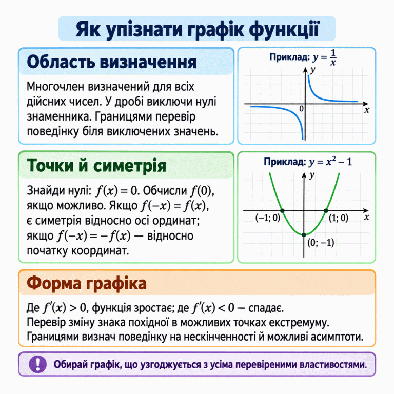 Картка пояснює, як зіставити формулу з графіком: перевірити область визначення, нулі, перетини з осями, симетрію, похідну та границі. Навчальний приклад y = 1/x показує дві розділені гілки, що наближаються до координатних осей. Приклад y = x² − 1 показує симетричну параболу з нулями −1 і 1 та вершиною (0; −1). Обирати потрібно графік, який відповідає всім перевіреним властивостям. Як упізнати графік функції Область визначення: Многочлен визначений для всіх дійсних чисел. У дробі виключи нулі знаменника. Границями перевір поведінку біля виключених значень. Точки й симетрія: Знайди нулі: f(x) = 0. Обчисли f(0), якщо можливо. Якщо f(−x) = f(x), є симетрія відносно осі ординат; якщо f(−x) = −f(x) — відносно початку координат. Форма графіка: Де f′(x) > 0, функція зростає; де f′(x) < 0 — спадає. Перевір зміну знака похідної в можливих точках екстремуму. Границями визнач поведінку на нескінченності й можливі асимптоти. Обирай графік, що узгоджується з усіма перевіреними властивостями. Приклад: y = 1/x Приклад: y = x² − 1 x y (−1; 0) (1; 0) (0; −1) !