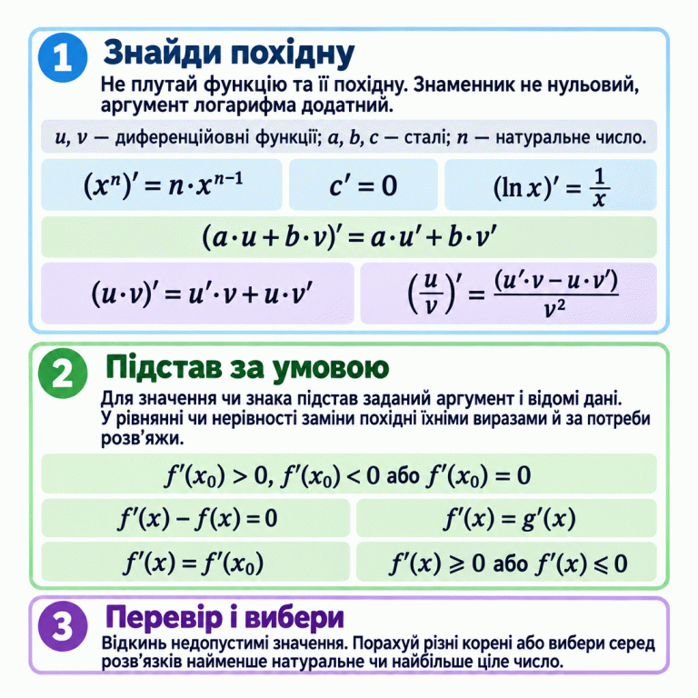 Три послідовні розділи пояснюють роботу з похідною. Спочатку наведено правила для степеня, сталої, логарифма, лінійної комбінації, добутку й частки та нагадано про ненульовий знаменник і додатний аргумент логарифма. Далі показано порівняння похідної в точці з нулем і різні форми рівнянь та нерівностей, у які підставляють знайдені похідні. Наприкінці запропоновано відкинути недопустимі значення, порахувати різні корені або вибрати серед розв’язків найменше натуральне чи найбільше ціле число. Знайди похідну: Не плутай функцію та її похідну. Знаменник не нульовий, аргумент логарифма додатний. Підстав за умовою: Для значення чи знака підстав заданий аргумент і відомі дані. У рівнянні чи нерівності заміни похідні їхніми виразами й за потреби розв’яжи. Перевір і вибери: Відкинь недопустимі значення. Порахуй різні корені або вибери серед розв’язків найменше натуральне чи найбільше ціле число. (xⁿ)′ = n·xⁿ⁻¹ c′ = 0 (ln x)′ = 1/x (a·u + b·v)′ = a·u′ + b·v′ (u·v)′ = u′·v + u·v′ (u/v)′ = (u′·v − u·v′)/v² u, v — диференційовні функції; a, b, c — сталі; n — натуральне число. f′(x₀) > 0, f′(x₀) < 0 або f′(x₀) = 0 f′(x) − f(x) = 0 f′(x) = g′(x) f′(x) = f′(x₀) f′(x) ≥ 0 або f′(x) ≤ 0 1 2 3
