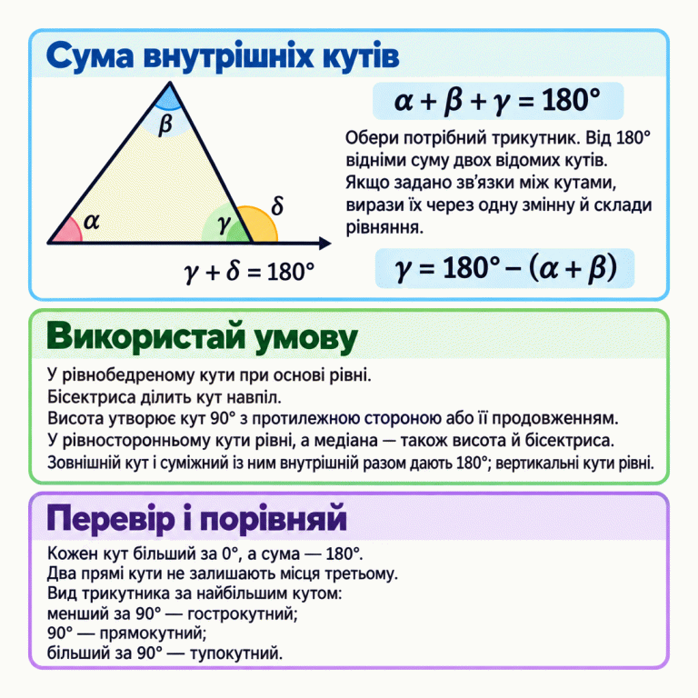Трикутник із внутрішніми кутами α, β, γ. Їхня сума дорівнює 180°, тому γ = 180° − (α + β). Біля γ зовні позначено суміжний кут δ; γ + δ = 180°. Пам’ятка нагадує про рівні кути рівнобедреного й рівностороннього трикутників, поділ кута бісектрисою, прямий кут при висоті та властивості медіани рівностороннього трикутника. Кожен кут додатний, тому двох прямих кутів бути не може. Вид трикутника визначають порівнянням найбільшого кута з 90°. Сума внутрішніх кутів: Обери потрібний трикутник. Від 180° відніми суму двох відомих кутів. Якщо задано зв’язки між кутами, вирази їх через одну змінну й склади рівняння. Використай умову: У рівнобедреному кути при основі рівні. Бісектриса ділить кут навпіл. Висота утворює кут 90° з протилежною стороною або її продовженням. У рівносторонньому кути рівні, а медіана — також висота й бісектриса. Зовнішній кут і суміжний із ним внутрішній разом дають 180°; вертикальні кути рівні. Перевір і порівняй: Кожен кут більший за 0°, а сума — 180°. Два прямі кути не залишають місця третьому. Вид трикутника за найбільшим кутом: менший за 90° — гострокутний; 90° — прямокутний; більший за 90° — тупокутний. α β γ δ α + β + γ = 180° γ = 180° − (α + β) γ + δ = 180°