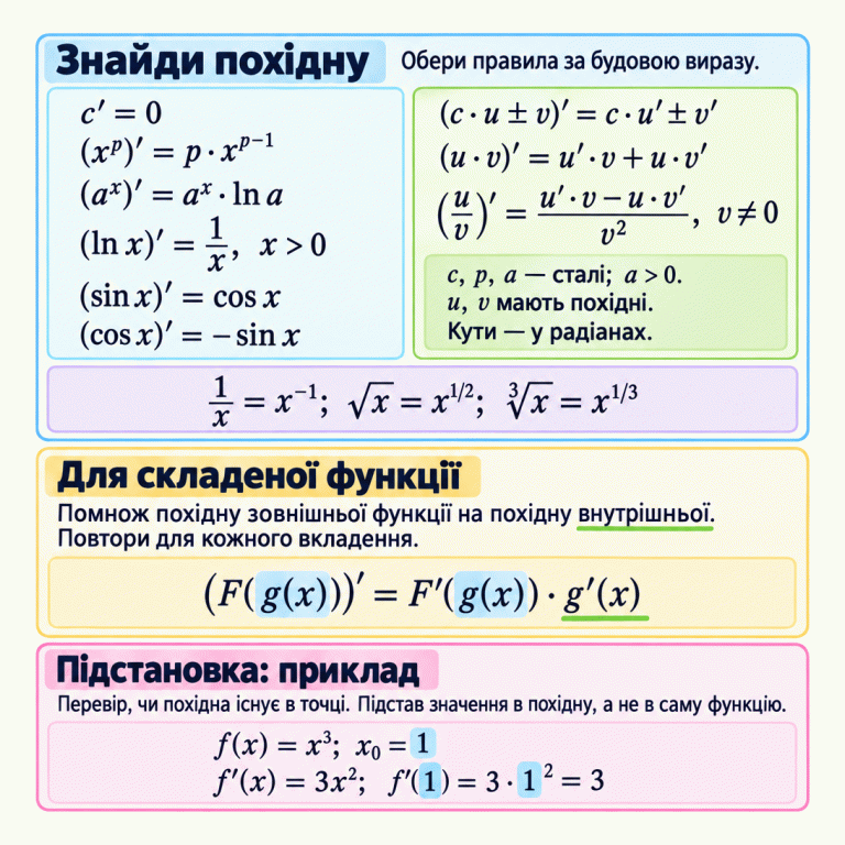 Картка пояснює три етапи знаходження похідної в точці. Спочатку обирають правила за будовою виразу. Наведено похідні сталої, степеня, показникової функції, натурального логарифма, синуса й косинуса, а також правила сталого множника, суми, різниці, добутку та частки. Обернену величину, квадратний і кубічний корені подано як степені. Кути вимірюються в радіанах. Для складеної функції похідну зовнішньої функції при незмінному внутрішньому аргументі множать на похідну внутрішньої; правило повторюють для кожного вкладення. Перед підстановкою перевіряють існування похідної в точці. Окремий навчальний приклад: для f(x) = x³ і x₀ = 1 спочатку знаходять f′(x) = 3x², потім обчислюють f′(1) = 3. Знайди похідну: Обери правила за будовою виразу. Для складеної функції: Помнож похідну зовнішньої функції на похідну внутрішньої. Повтори для кожного вкладення. Підстановка: приклад: Перевір, чи похідна існує в точці. Підстав значення в похідну, а не в саму функцію. c′ = 0 (xᵖ)′ = p·xᵖ⁻¹ (aˣ)′ = aˣ·ln a (ln x)′ = 1/x, x > 0 (sin x)′ = cos x
(cos x)′ = −sin x (c·u ± v)′ = c·u′ ± v′ (u·v)′ = u′·v + u·v′ (u/v)′ = (u′·v − u·v′)/v², v ≠ 0 c, p, a — сталі; a > 0.
u, v мають похідні.
Кути — у радіанах. 1/x = x⁻¹; √x = x¹ᐟ²; ∛x = x¹ᐟ³ (F(g(x)))′ = F′(g(x))·g′(x) f(x) = x³; x₀ = 1
f′(x) = 3x²; f′(1) = 3·1² = 3