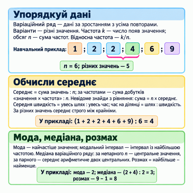 Пам’ятка зі статистики у трьох розділах: упорядкування даних і частоти; середні величини; мода, медіана та розмах. Навчальний ряд 1; 2; 2; 4; 6; 9 має шість спостережень і п’ять різних значень. Його середнє — 4, мода — 2, медіана — 3, розмах — 8. Дужкою позначено два центральні значення. Текст пояснює відносну частоту, середнє за частотами, пошук невідомого за середнім, межі середнього, середню швидкість через увесь шлях і час, модальний інтервал та медіану за парного й непарного обсягу. Упорядкуй дані: Варіаційний ряд — дані за зростанням з усіма повторами. Варіанти — різні значення. Частота k — число появ значення; обсяг n — сума частот. Відносна частота — k/n. Обчисли середнє: Середнє = сума значень : n; за частотами — сума добутків «значення × частота» : n. Невідоме знайди з рівняння: сума = n × середнє. Середня швидкість = увесь шлях : увесь час; час на ділянці = шлях : швидкість. За різних значень середнє строго між крайніми. Мода, медіана, розмах: Мода — найчастіше значення; модальний інтервал — інтервал із найбільшою частотою. Медіана варіаційного ряду: за непарного n — центральне значення, за парного — середнє арифметичне двох центральних. Розмах = найбільше − найменше. Навчальний приклад: 1; 2; 2; 4; 6; 9 n = 6; різних значень — 5 У прикладі: (1 + 2 + 2 + 4 + 6 + 9) : 6 = 4 У прикладі: мода — 2; медіана — (2 + 4) : 2 = 3; розмах — 9 − 1 = 8