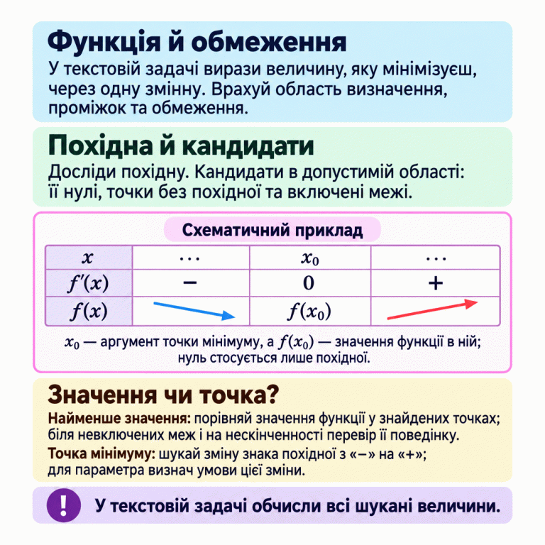 Пам’ятка про пошук мінімуму функції. У текстовій задачі величину, яку мінімізують, виражають через одну змінну та враховують усі обмеження. У допустимій області перевіряють нулі похідної, точки без похідної та включені межі. Схематичний приклад має три рядки: аргумент, похідна та функція. Біля аргументу x₀ похідна переходить від мінуса через нуль до плюса, тому функція спершу спадає, потім зростає. x₀ — аргумент точки мінімуму, а f(x₀) — значення функції в ній; нуль стосується лише похідної. Для найменшого значення порівнюють значення функції в кандидатах і перевіряють поведінку біля невключених меж та на нескінченності. Для параметра визначають умови потрібної зміни знака. У текстовій задачі обчислюють усі запитані величини. Функція й обмеження: У текстовій задачі вирази величину, яку мінімізуєш, через одну змінну. Врахуй область визначення, проміжок та обмеження. Похідна й кандидати: Досліди похідну. Кандидати в допустимій області: її нулі, точки без похідної та включені межі. Значення чи точка?: Найменше значення: порівняй значення функції у знайдених точках; біля невключених меж і на нескінченності перевір її поведінку.
Точка мінімуму: шукай зміну знака похідної з «−» на «+»; для параметра визнач умови цієї зміни. У текстовій задачі обчисли всі шукані величини. Схематичний приклад x x₀ f′(x) − + f(x) f(x₀) ⋯ ⋯ x₀ — аргумент точки мінімуму, а f(x₀) — значення функції в ній; нуль стосується лише похідної. !