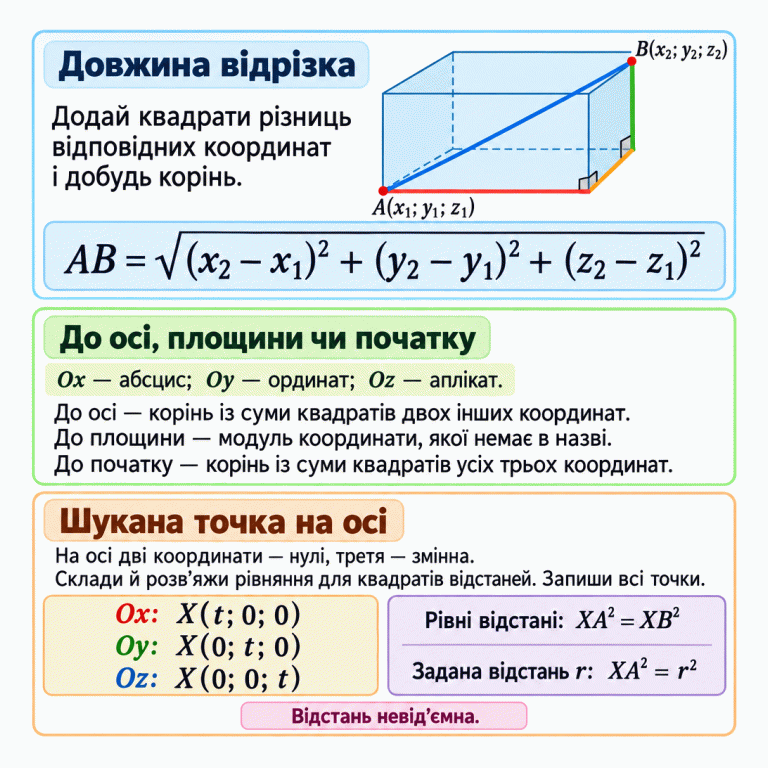 Три розділи пояснюють відстані у просторі. На схемі точки A та B — протилежні вершини прямокутного паралелепіпеда, з’єднані прямою діагоналлю. Довжина відрізка дорівнює кореню із суми квадратів різниць відповідних координат. Ox — вісь абсцис, Oy — ординат, Oz — аплікат. Для відстані до осі беруть дві інші координати, підносять до квадрата, додають і добувають корінь. Для відстані до координатної площини беруть модуль координати, якої немає в її назві; до початку координат — корінь із суми квадратів усіх трьох координат. Шукана точка на осі має дві нульові координати й одну змінну. Для рівновіддаленості використовують XA² = XB², для заданої відстані r — XA² = r². Потрібно розв’язати рівняння та записати всі отримані точки. Відстань невід’ємна. Довжина відрізка: Додай квадрати різниць відповідних координат і добудь корінь. До осі, площини чи початку: До осі — корінь із суми квадратів двох інших координат. До площини — модуль координати, якої немає в назві. До початку — корінь із суми квадратів усіх трьох координат. Шукана точка на осі: На осі дві координати — нулі, третя — змінна. Склади й розв’яжи рівняння для квадратів відстаней. Запиши всі точки. Відстань невід’ємна. A(x₁; y₁; z₁) B(x₂; y₂; z₂) AB = √((x₂ − x₁)² + (y₂ − y₁)² + (z₂ − z₁)²) Ox — абсцис; Oy — ординат; Oz — аплікат. Ox: X(t; 0; 0) Oy: X(0; t; 0) Oz: X(0; 0; t) Рівні відстані: XA² = XB² Задана відстань r: XA² = r²