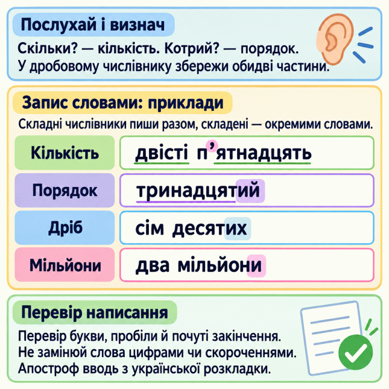 Пам’ятка до словникового диктанту. Скільки? — кількість; котрий? — порядок. У дробовому числівнику потрібно зберегти обидві частини. Навчальні приклади: кількість — «двісті п’ятнадцять», порядок — «тринадцятий», дріб — «сім десятих», мільйони — «два мільйони». Складні числівники пишемо разом, складені — окремими словами. Акценти звертають увагу на межі слів, апостроф і закінчення. Потрібно перевірити букви, пробіли й почуті закінчення, не замінювати слова цифрами чи скороченнями. Апостроф вводимо з української розкладки. Послухай і визнач: Скільки? — кількість. Котрий? — порядок. У дробовому числівнику збережи обидві частини. Запис словами: приклади: Складні числівники пиши разом, складені — окремими словами. Перевір написання: Перевір букви, пробіли й почуті закінчення. Не замінюй слова цифрами чи скороченнями. Апостроф вводь з української розкладки. Кількість двісті п’ятнадцять Порядок тринадцятий Дріб сім десятих Мільйони два мільйони ✓