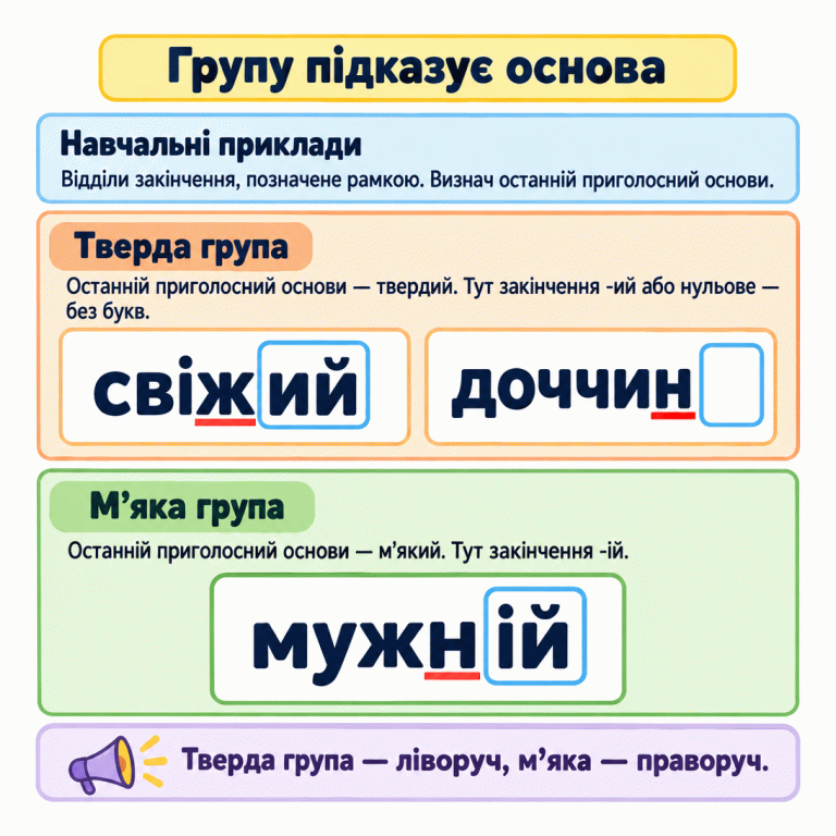 Навчальні приклади поділу прикметників на групи. «Свіжий» має тверду основу «свіж» і закінчення -ий. «Доччин» має тверду основу й нульове закінчення, показане порожньою рамкою. У слові «мужній» основа закінчується м’яким н, закінчення — -ій. Тверда група в завданні ліворуч, м’яка — праворуч. Групу підказує основа Навчальні приклади: Відділи закінчення, позначене рамкою. Визнач останній приголосний основи. Тверда група: Останній приголосний основи — твердий. Тут закінчення -ий або нульове — без букв. М’яка група: Останній приголосний основи — м’який. Тут закінчення -ій. Тверда група — ліворуч, м’яка — праворуч. свіжий доччин мужній