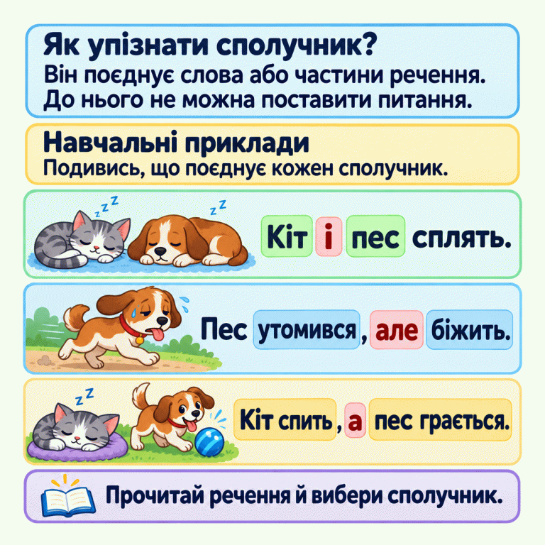 Сполучник поєднує слова або частини речення; до нього не можна поставити питання. Три навчальні приклади: «Кіт і пес сплять.» — «і» поєднує назви тварин; «Пес утомився, але біжить.» — «але» поєднує дві дії пса; «Кіт спить, а пес грається.» — «а» поєднує дві частини речення. Малюнки передають зміст прикладів. Прочитай речення й вибери сполучник. Як упізнати сполучник?: Він поєднує слова або частини речення. До нього не можна поставити питання. Навчальні приклади: Подивись, що поєднує кожен сполучник. Прочитай речення й вибери сполучник. Кіт і пес сплять. Пес утомився, але біжить. Кіт спить, а пес грається. z z Z z Z Z Z
