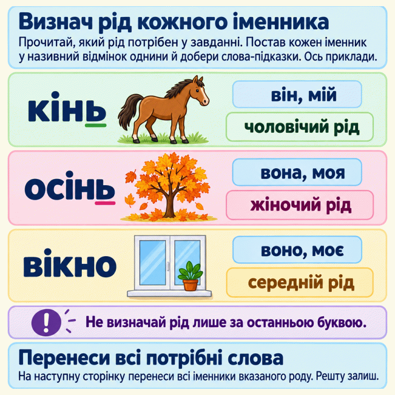 Схема визначення роду іменників. Навчальні приклади: кінь — він, мій, чоловічий рід; осінь — вона, моя, жіночий рід; вікно — воно, моє, середній рід. Кінь та осінь закінчуються на м’який знак, але мають різний рід. Прочитай, який рід потрібен у завданні, перевір кожен іменник і перенеси на наступну сторінку всі слова цього роду. Решту залиш. Визнач рід кожного іменника: Прочитай, який рід потрібен у завданні. Постав кожен іменник у називний відмінок однини й добери слова-підказки. Ось приклади. Перенеси всі потрібні слова: На наступну сторінку перенеси всі іменники вказаного роду. Решту залиш. Не визначай рід лише за останньою буквою. кінь він, мій чоловічий рід осінь вона, моя жіночий рід вікно воно, моє середній рід !