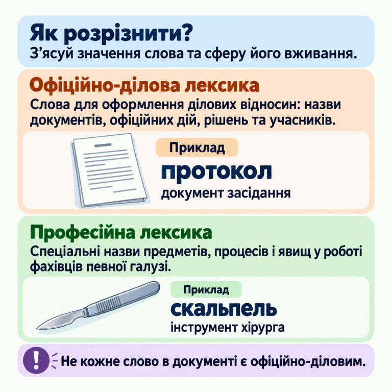 Пам’ятка радить з’ясувати значення слова та сферу його вживання. Офіційно-ділова лексика оформлює ділові відносини й охоплює назви документів, офіційних дій, рішень та учасників. Її приклад — протокол, документ засідання, поруч із малюнком документа. Професійна лексика називає спеціальні предмети, процеси й явища певної галузі. Її приклад — скальпель, інструмент хірурга, поруч із його малюнком. Нагадування: не кожне слово в документі є офіційно-діловим. Як розрізнити?: З’ясуй значення слова та сферу його вживання. Офіційно-ділова лексика: Слова для оформлення ділових відносин: назви документів, офіційних дій, рішень та учасників. Професійна лексика: Спеціальні назви предметів, процесів і явищ у роботі фахівців певної галузі. Не кожне слово в документі є офіційно-діловим. Приклад протокол документ засідання скальпель інструмент хірурга !
