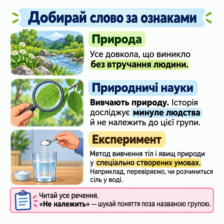 Природа — усе довкола, що виникло без втручання людини. Природничі науки вивчають природу, а історія досліджує минуле людства й не належить до цієї групи. Експеримент — метод вивчення тіл і явищ природи у спеціально створених умовах. Як приклад показано додавання солі у воду, щоб перевірити її розчинення. Треба читати все речення: слова «не належить» вказують на поняття поза названою групою. Добирай слово за ознаками Природа: Усе довкола, що виникло без втручання людини. Природничі науки: Вивчають природу. Історія досліджує минуле людства й не належить до цієї групи. Експеримент: Метод вивчення тіл і явищ природи у спеціально створених умовах. Наприклад, перевіряємо, чи розчиниться сіль у воді. Читай усе речення. «Не належить» — шукай поняття поза названою групою.