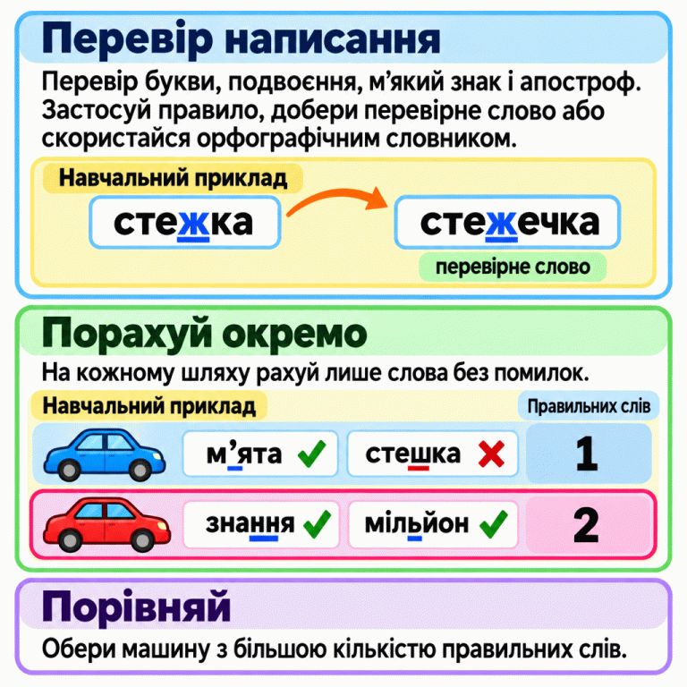 Пам’ятка пропонує перевірити написання, окремо порахувати правильні слова на кожному шляху та порівняти підсумки. Написання «стежка» перевіряють словом «стежечка». У навчальному прикладі на одному шляху «м’ята» правильне, а «стешка» помилкове — одне правильне слово. На іншому «знання» та «мільйон» правильні — два. Виділено машину з більшою кількістю правильних слів; у завданнях слова й підсумки можуть бути іншими. Перевір написання: Перевір букви, подвоєння, м’який знак і апостроф. Застосуй правило, добери перевірне слово або скористайся орфографічним словником. Порахуй окремо: На кожному шляху рахуй лише слова без помилок. Порівняй: Обери машину з більшою кількістю правильних слів. Навчальний приклад стежка стежечка перевірне слово м’ята стешка знання мільйон Правильних слів 1 2