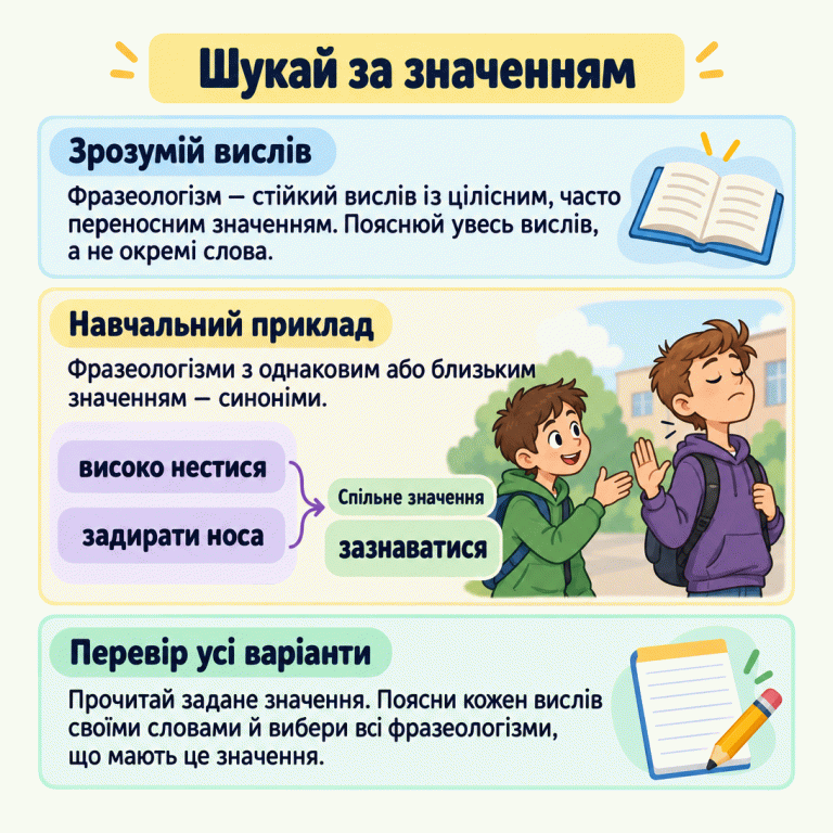 Картка пояснює, як добирати фразеологізми за цілісним значенням. У навчальному прикладі «високо нестися» та «задирати носа» мають спільне значення «зазнаватися». Поруч зображено зверхню поведінку підлітка щодо однолітка. Щоб виконати завдання, прочитай задане значення, поясни кожен вислів своїми словами та вибери всі відповідні фразеологізми. Шукай за значенням Зрозумій вислів: Фразеологізм — стійкий вислів із цілісним, часто переносним значенням. Пояснюй увесь вислів, а не окремі слова. Навчальний приклад: Фразеологізми з однаковим або близьким значенням — синоніми. Перевір усі варіанти: Прочитай задане значення. Поясни кожен вислів своїми словами й вибери всі фразеологізми, що мають це значення. високо нестися задирати носа Спільне значення зазнаватися