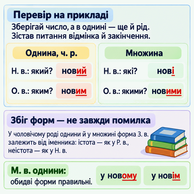 Пам’ятка: зберігай число й рід в однині та зіставляй питання відмінка із закінченням. Навчальний приклад «новий»: називний однини — який? новий; множини — які? нові. Орудний однини — яким? новим; множини — якими? новими. У чоловічому роді однини та в множині знахідний залежить від іменника: для істот форма як у родовому, для неістот — як у називному. Обидві форми місцевого однини правильні: у новому, у новім. Перевір на прикладі: Зберігай число, а в однині — ще й рід. Зістав питання відмінка й закінчення. Збіг форм — не завжди помилка: У чоловічому роді однини й у множині форма З. в. залежить від іменника: істота — як у Р. в., неістота — як у Н. в. М. в. однини: обидві форми правильні. Однина, ч. р. Множина Н. в.: який? новий Н. в.: які? нові О. в.: яким? новим О. в.: якими? новими у новому у новім