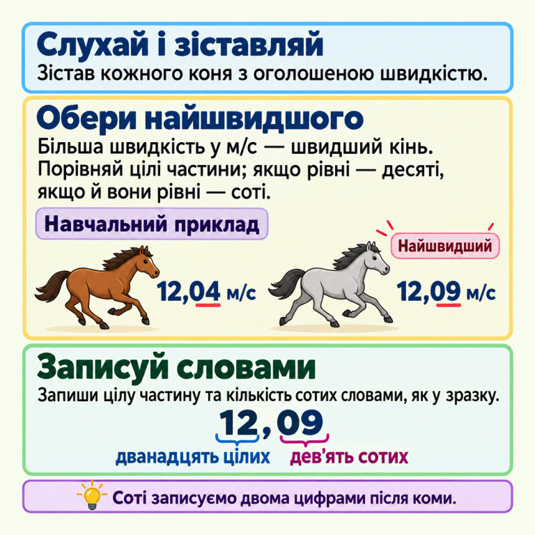 Три кроки: зістав коней з оголошеними швидкостями, обери найбільшу швидкість і запиши результат словами. Порівнюй цілі частини; за їх рівності — десяті, а за рівності десятих — соті. У навчальному прикладі кінь зі швидкістю 12,09 м/с швидший за коня зі швидкістю 12,04 м/с. Число 12,09 записано словами: «дванадцять цілих дев’ять сотих». Після коми дві цифри; нуль перед дев’яткою збережено. Слухай і зіставляй: Зістав кожного коня з оголошеною швидкістю. Обери найшвидшого: Більша швидкість у м/с — швидший кінь. Порівняй цілі частини; якщо рівні — десяті, якщо й вони рівні — соті. Записуй словами: Запиши цілу частину та кількість сотих словами, як у зразку. Соті записуємо двома цифрами після коми. Навчальний приклад 12,04 12,09 м/с Найшвидший дванадцять цілих дев’ять сотих