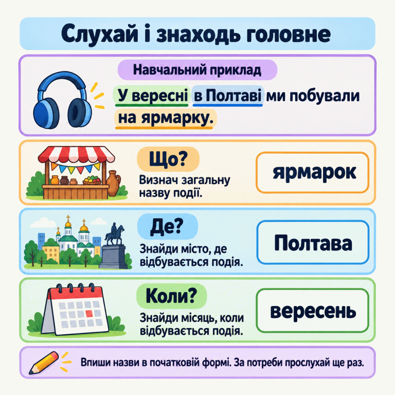 Картка вчить знаходити головні відомості в почутому тексті. Навчальний приклад: «У вересні в Полтаві ми побували на ярмарку». Що? — ярмарок, загальна назва події. Де? — Полтава, місто. Коли? — вересень, місяць. Назви записуємо в початковій формі; за потреби слухаємо ще раз. Слухай і знаходь головне Що?: Визнач загальну назву події. Де?: Знайди місто, де відбувається подія. Коли?: Знайди місяць, коли відбувається подія. Впиши назви в початковій формі. За потреби прослухай ще раз. Навчальний приклад У вересні в Полтаві ми побували на ярмарку. ярмарок Полтава вересень