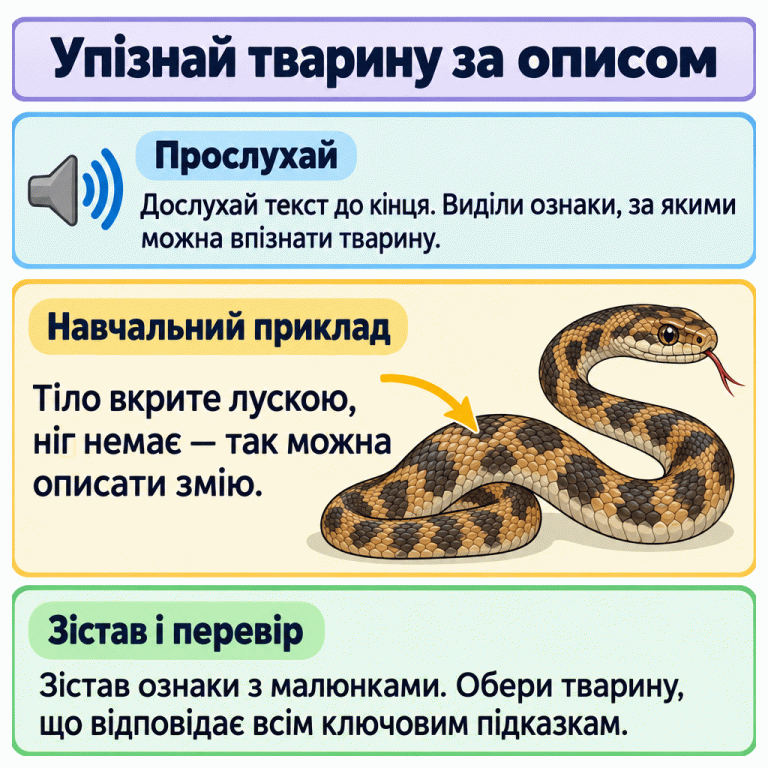 Картка пояснює, як упізнати тварину за прослуханим текстом: виділити характерні ознаки, зіставити їх із малюнками й перевірити всі ключові підказки. У навчальному прикладі показано змію: її тіло вкрите лускою, ніг немає. Упізнай тварину за описом Прослухай: Дослухай текст до кінця. Виділи ознаки, за якими можна впізнати тварину. Навчальний приклад: Тіло вкрите лускою, ніг немає — так можна описати змію. Зістав і перевір: Зістав ознаки з малюнками. Обери тварину, що відповідає всім ключовим підказкам.