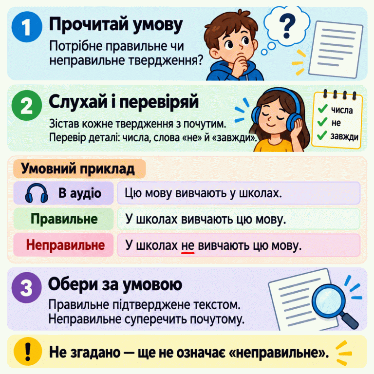 Спочатку прочитай, яке твердження потрібно вибрати: правильне чи неправильне. Зістав кожне твердження з почутим, перевіряючи деталі. Умовний приклад: в аудіо сказано «Цю мову вивчають у школах». Твердження «У школах вивчають цю мову» правильне, бо передає той самий зміст. Твердження «У школах не вивчають цю мову» неправильне, бо суперечить почутому. Обирай потрібний тип за умовою. Якщо щось не згадано, це ще не означає, що твердження неправильне. Прочитай умову: Потрібне правильне чи неправильне твердження? Слухай і перевіряй: Зістав кожне твердження з почутим. Перевір деталі: числа, слова «не» й «завжди». Обери за умовою: Правильне підтверджене текстом. Неправильне суперечить почутому. Не згадано — ще не означає «неправильне». Умовний приклад В аудіо Цю мову вивчають у школах. Правильне У школах вивчають цю мову. Неправильне У школах не вивчають цю мову. 1 ? 2 ✓ числа ✓ не ✓ завжди 3 !