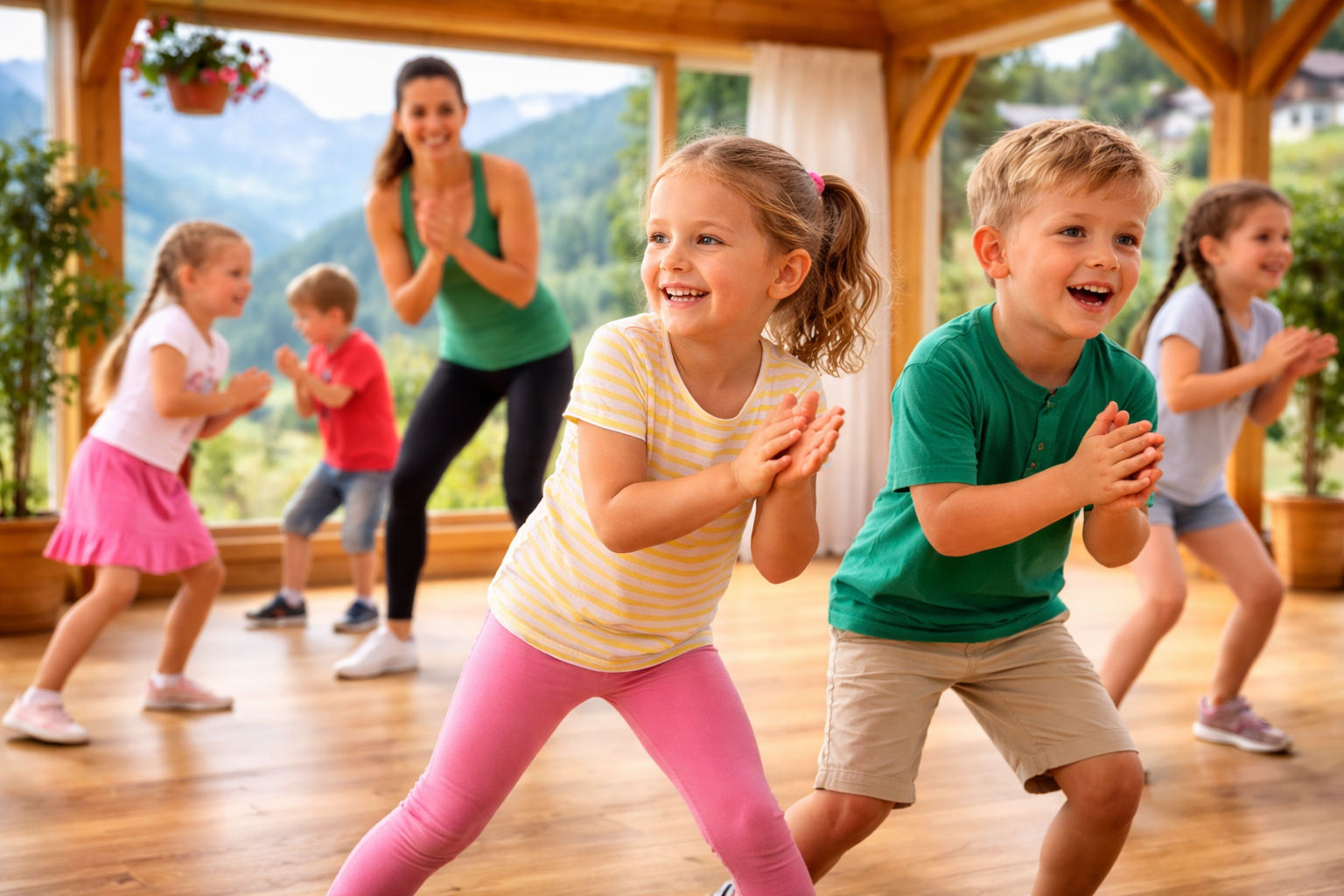 Kinder tanzen und klatschen fröhlich im hellen Tanzstudio