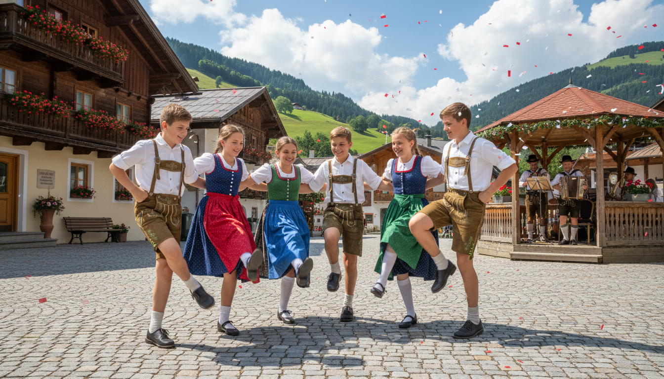 Kinder tanzen traditionellen Volkstanz in alpiner Dorfkulisse