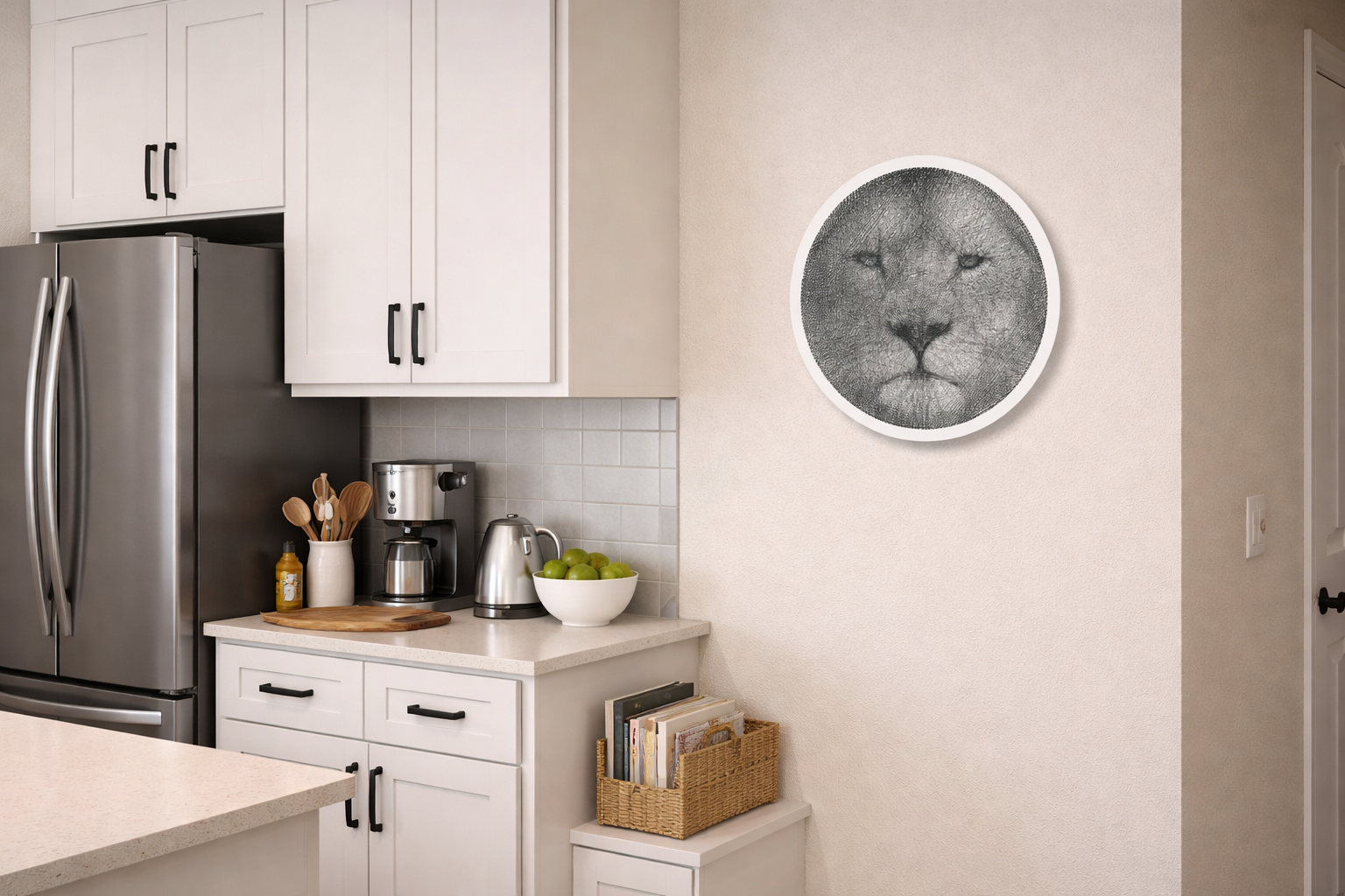 Lion string art wall art in modern kitchen interior
