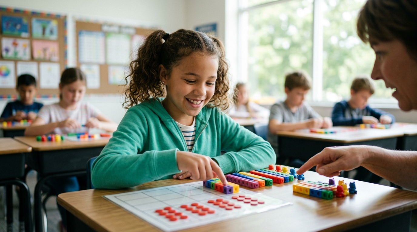 Mädchen löst Mathematikaufgaben im Klassenzimmer