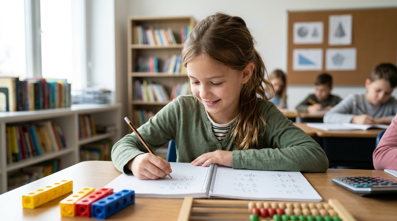 Mädchen löst Mathematikaufgaben im Klassenzimmer