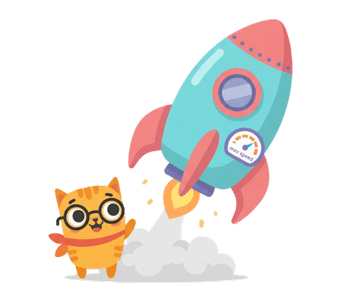 Рудий котик у окулярах стоїть поруч із яскравою ракетою, що злітає, символ швидкого старту навчання