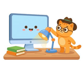 Рудий котик у капелюсі підсвічує настільною лампою усміхнений екран комп’ютера, що символізує онлайн-навчання