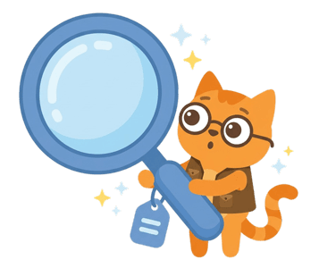 Котик-дослідник у жилетці тримає велику лупу, символ пошуку та вивчення