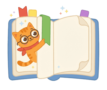 Милий рудий котик із окулярами перегортає сторінку великої відкритої книги з кольоровими закладками