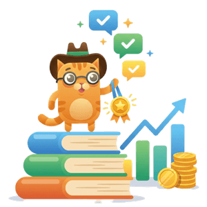 Кіт стоїть на стопці книжок і тримає медаль, поруч зростаючий графік та монети