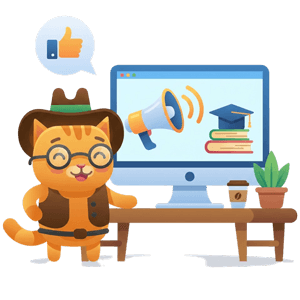 Кіт у капелюсі стоїть біля комп’ютера з мегафоном, книгами та рослиною на столі