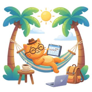 Кіт у капелюсі тримає годинник поруч із календарем та монетами