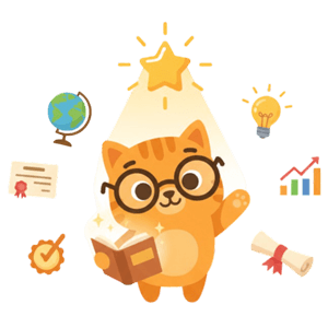 Кіт у окулярах читає книжку, навколо зірка, глобус, диплом, лампочка та інші навчальні елементи